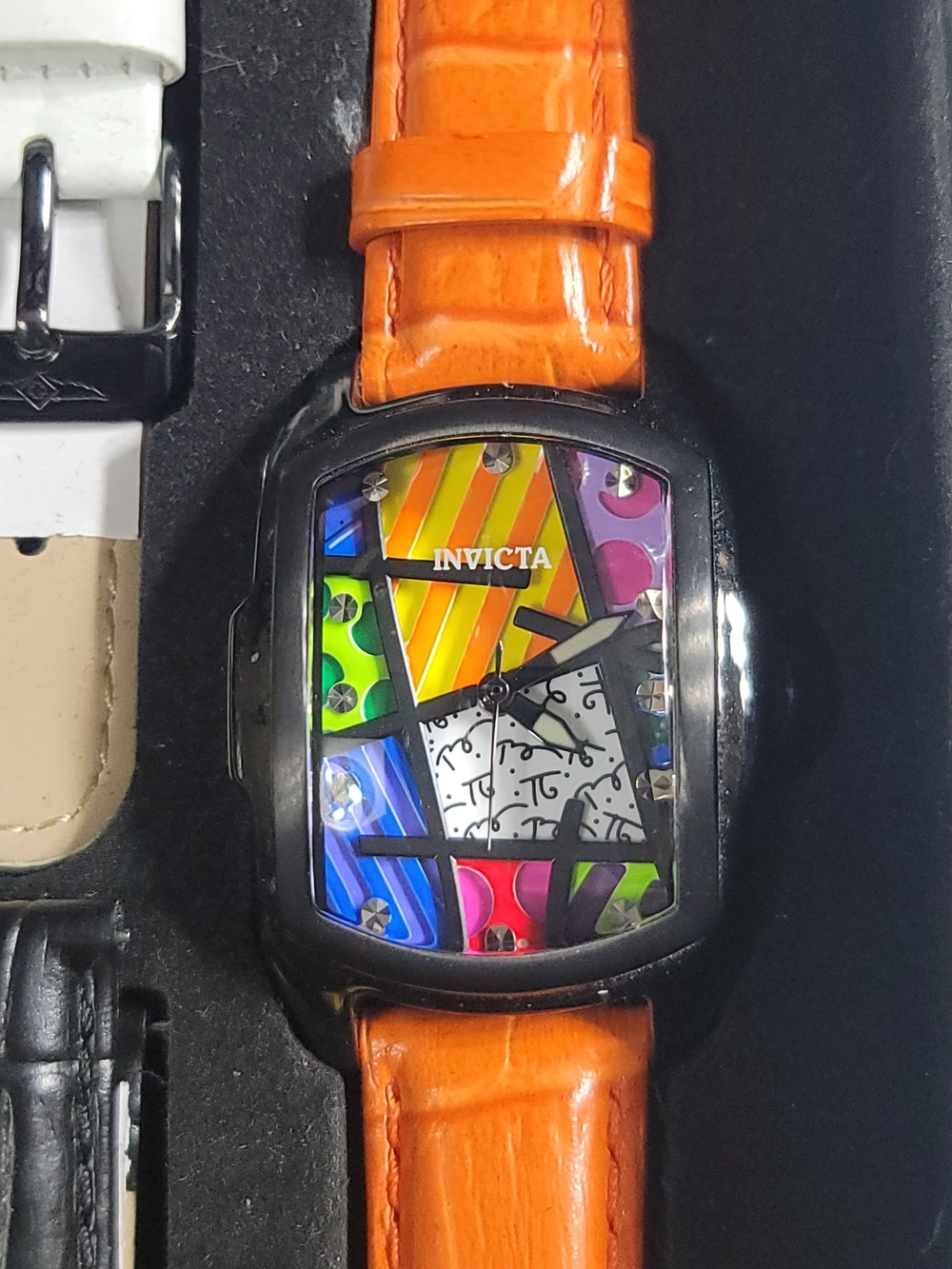 New Britto Invicta Colorful Pop-Art Dial Orange Leather Strap Watch